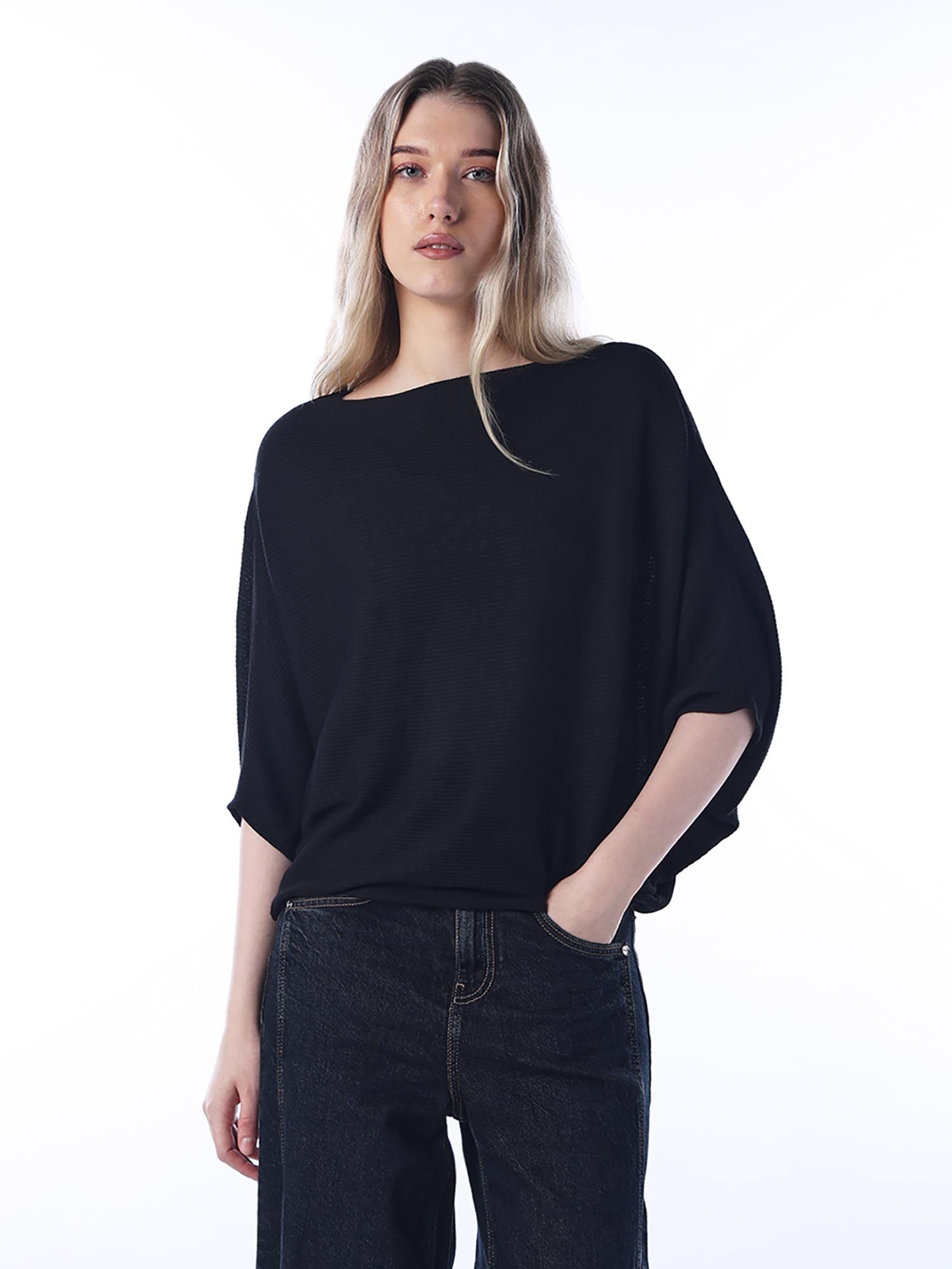 only Women Black Textured Oversized Fit Sweater-picture-30