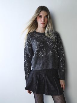 ONLY - Women Grey Embellished Loose Fit Sweater