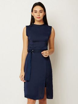 Miss Chase - Women Navy Blue Solid Slim Fit Midi Dress with Belt