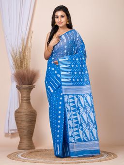 LAA CALCUTTA - Blue and White Pure Cotton Floral Design Woven Jamdani Saree Without Blouse