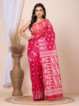 LAA CALCUTTA - Hot Pink and White Pure Cotton Floral Design Woven Jamdani Saree Without Blouse