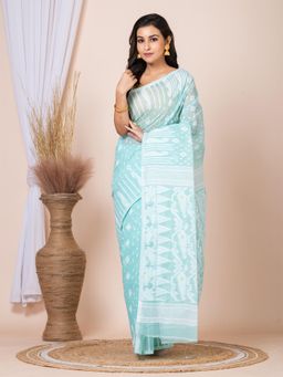 LAA CALCUTTA - Sea-Green and White Pure Cotton Floral Design Woven Jamdani Saree Without Blouse