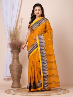 LAA CALCUTTA - Mustard Yellow and Navy Blue Cotton Woven Taant Saree Wthout Blouse