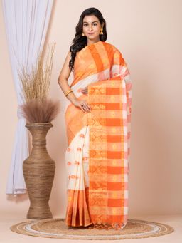 LAA CALCUTTA - Off White and Orange Cotton Woven Taant Saree Without Blouse