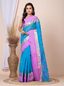 LAA CALCUTTA - Blue and Pink Floral Design Pure Cotton Taant Saree Without Blouse