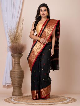 LAA CALCUTTA - Black and Maroon Floral Design Pure Cotton Taant Saree Without Blouse