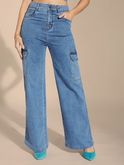 LIFE WITH POCKETS - Women's Blue Wide-Leg High-Rise Stretchable Cargo Denim Jeans