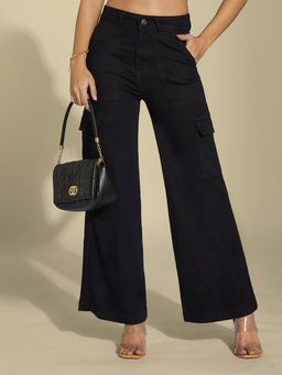 LIFE WITH POCKETS - Women's Black Wide-Leg High-Rise Stretchable Denim Cargo Jeans