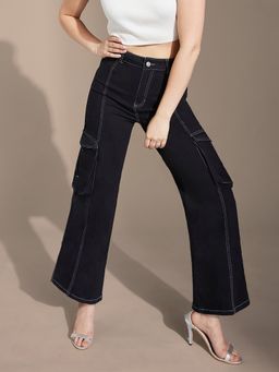 LIFE WITH POCKETS - Women's Black Wide-Leg Stretchable Patch-Pocketed Denim Jeans
