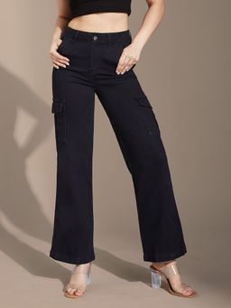 LIFE WITH POCKETS - Women's Black Wide-Leg High-Rise Stretchable Denim Jeans