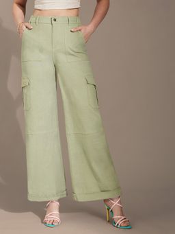 LIFE WITH POCKETS - Women's Olive Wide-Leg High Rise Clean Look Stretchable Denim Jeans