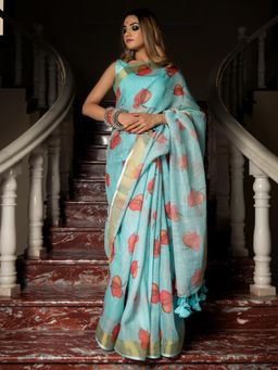POMCHA - Blue Palm Leaf Linen Saree With Unstitched Blouse