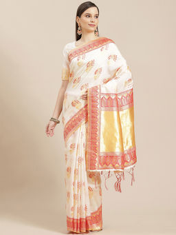 Sareemall - Cream Festive Silk Blend Woven Design Saree with Unstitched Blouse