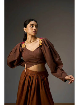 nona - Brown Lehr Wrap Cropped Top