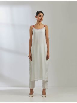 The Indian Cause - White Silk Strappy Kurta with White Pants (Set of 2)
