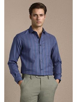 Louis Philippe - Men Navy Stripe Full Sleeves Formal Shirt