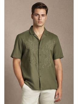 Louis Philippe - Men Olive Embroidered Half Sleeves Casual Shirt