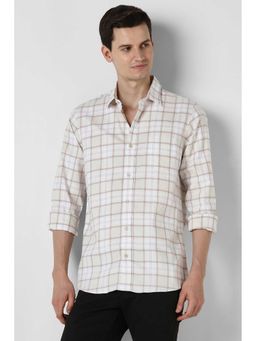Peter England - Men Off White Slim Fit Check Full Sleeves Casual Shirt