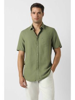 Peter England - Men Olive Slim Fit Solid Half Sleeves Casual Shirt