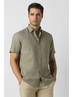 Peter England - Men Light Olive Slim Fit Solid Full Sleeves Casual Shirt