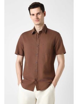 Peter England - Men Brown Slim Fit Solid Half Sleeves Casual Shirt