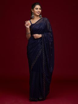 Koskii - Navy Blue Sequins Georgette Saree with Unstitched Blouse