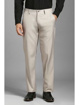 Louis Philippe - Men Grey Textured Flat Front Formal Trousers