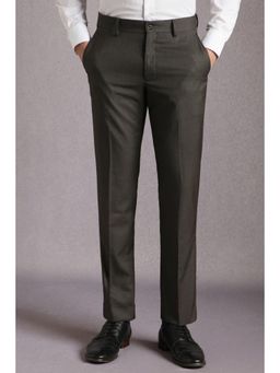 Louis Philippe - Men Charcoal Textured Flat Front Formal Trousers