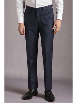Louis Philippe - Men Navy Textured Flat Front Formal Trousers