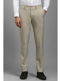 Louis Philippe - Men Beige Solid Flat Front Formal Trousers