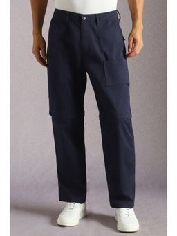 Louis Philippe - Men Navy Solid Flat Front Casual Trousers