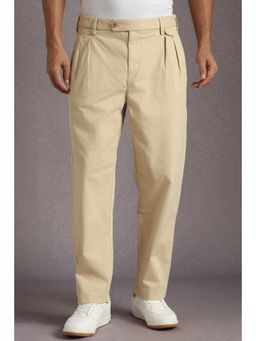 Louis Philippe - Men Beige Solid Pleated Casual Trousers