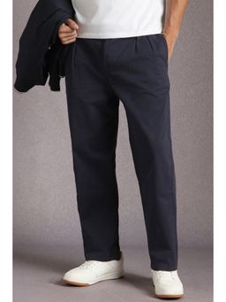 Louis Philippe - Men Navy Solid Pleated Casual Trousers