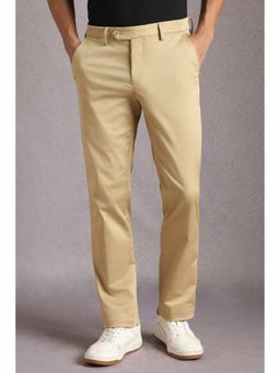Louis Philippe - Men Beige Solid Flat Front Casual Trousers