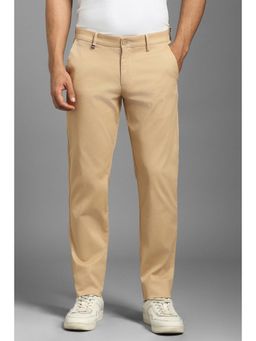 Louis Philippe - Men Beige Solid Flat Front Casual Trousers