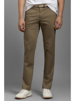 Louis Philippe - Men Khaki Solid Flat Front Casual Trousers