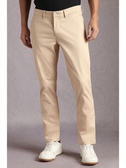 Louis Philippe - Men Beige Solid Flat Front Casual Trousers
