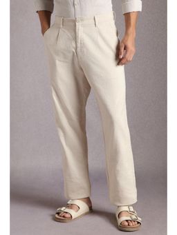 Louis Philippe - Men Beige Textured Pleated Casual Trousers