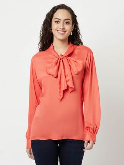 CRIMSOUNE CLUB - Women Coral Red Tie-Up Detail Top