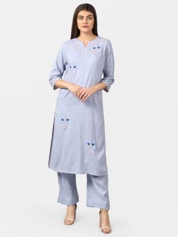 DART STUDIO - Cotton Jacquard Kurta With Hand Embroidery Blue
