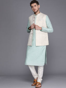 Manyavar - Off White / Cream Art Silk Solid Ethnic Waistcoat