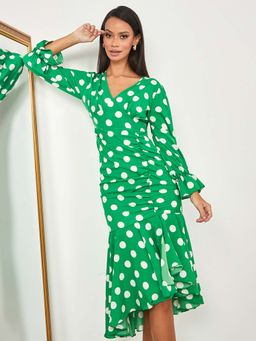Styli - Green Long Sleeves V Neck Polka Dot Print A-line Midi Dress