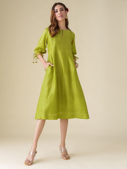 Buy Mushio Lime Green Flowy Chanderi Paavni Dress Online