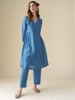 Mushio - Blue Embellished Chanderi Vaayu Kurta with Slip with Pants Co-Ord (Set of 3)