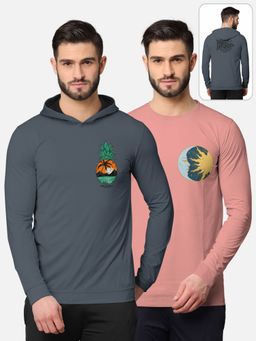 BULLMER - Printed Full Sleeve T-shirt For Men Grey And Pink (Pack of 2)