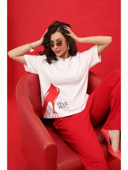 Zivame - Devil Wears Prada Knit Cotton Loungewear T-Shirt with Pyjama - Flame Scarlet