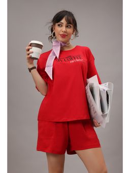 Zivame - Devil Wears Prada Knit Cotton Loungewear Shorts With T-Shirt - Flame Scarlet