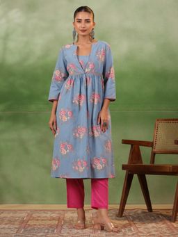 Gahan - Cottom Floral Printed Style In Two Ways Kurta Shrug Pant with Sleeveless Top (Set of 3)