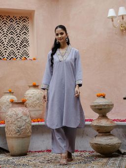 Gahan - Cotton Embroidered Mirror Work V-Neck Solid Lavender Kurta and Bottom (Set of 2)