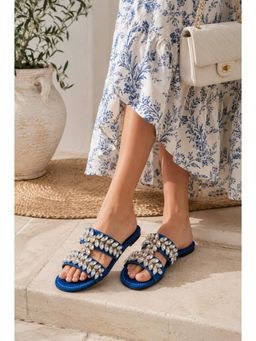 Sandal Stories - Denim Blue Embellished Luxe Flats